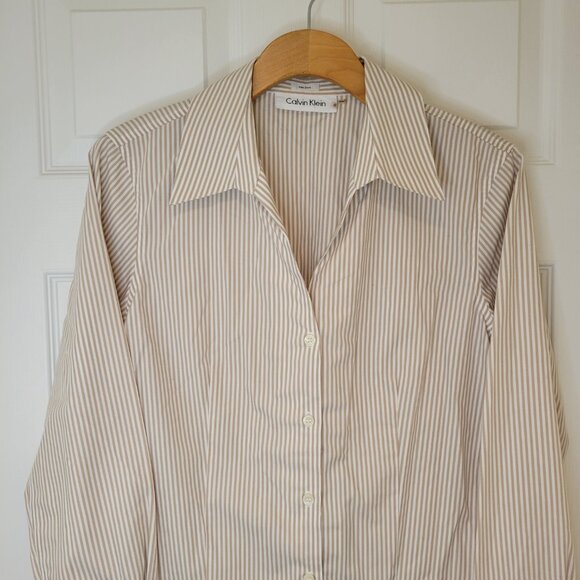 CALVIN KLEIN Blouse Tan & White Stripes - Picture 5 of 10